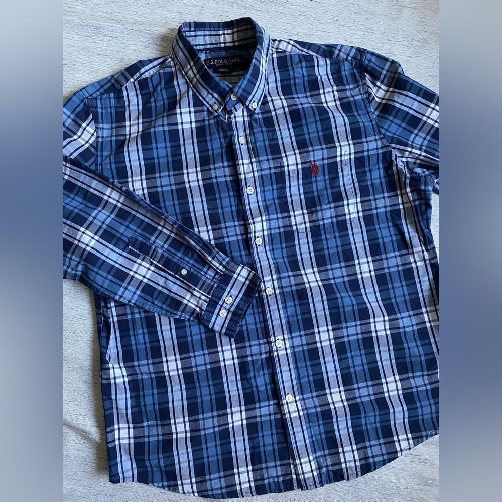 U.S. Polo Assn. Navy and White Plaid Men's Shirt Long Sleeve